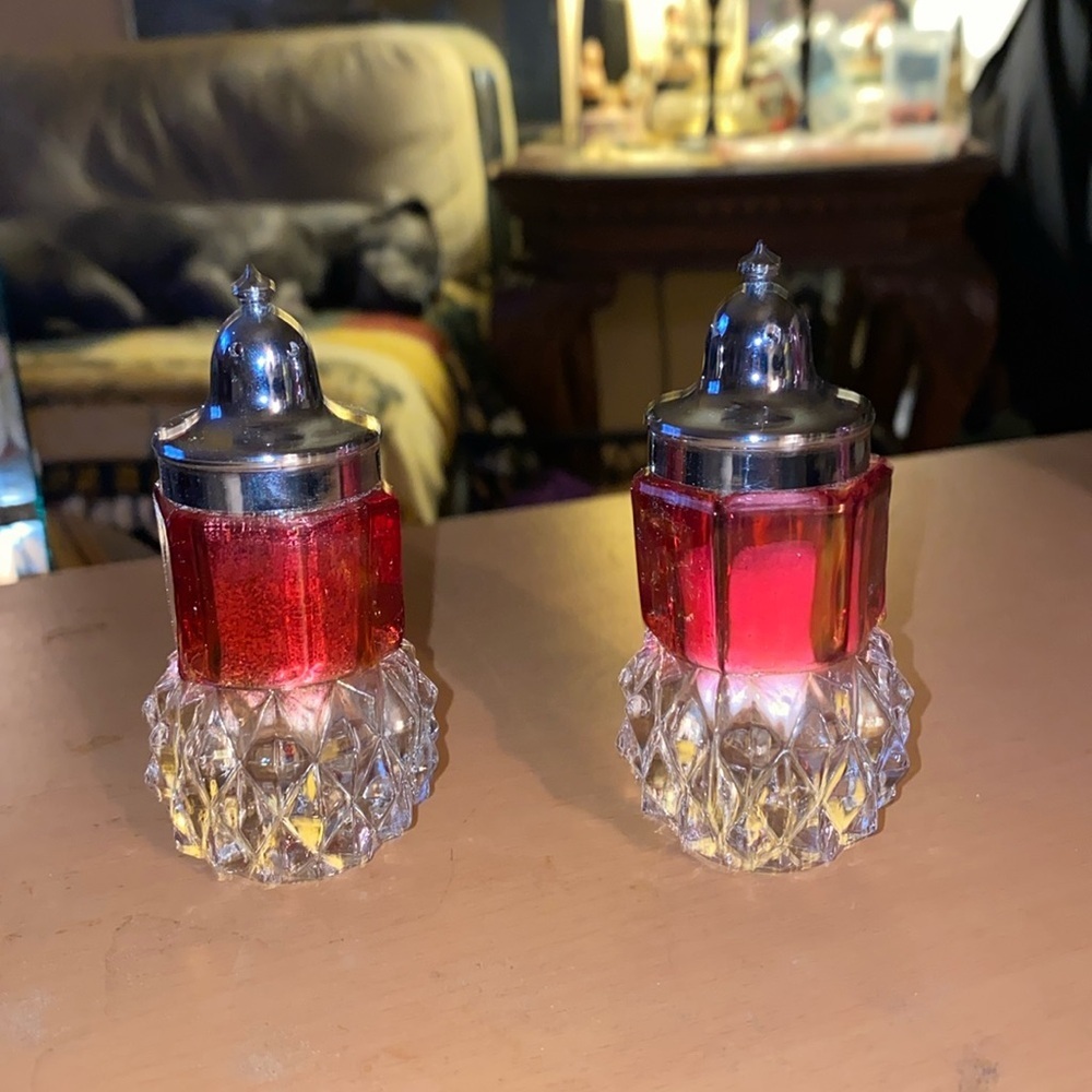 Indiana Glass Diamond Point Salt and Pepper Shakers Vintage Red Flash and Crysta